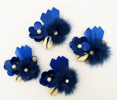Hand Embroidered Blue Applique With Cowrie Shell, Sequins,Pearl and Feather Pom Pom